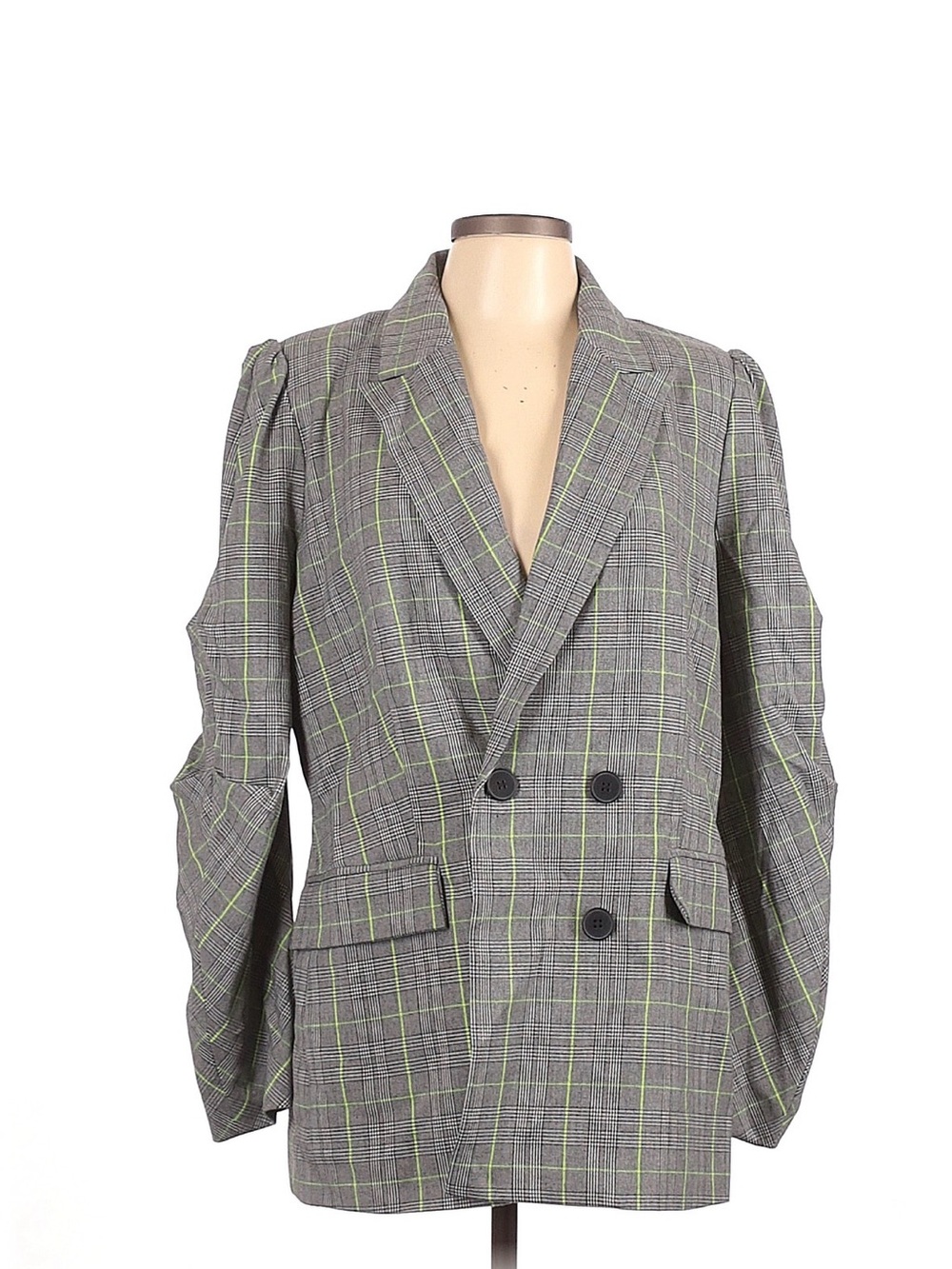 Bar III Double-Breasted Gray Plaid Blazer with Lime Windowpane Accents